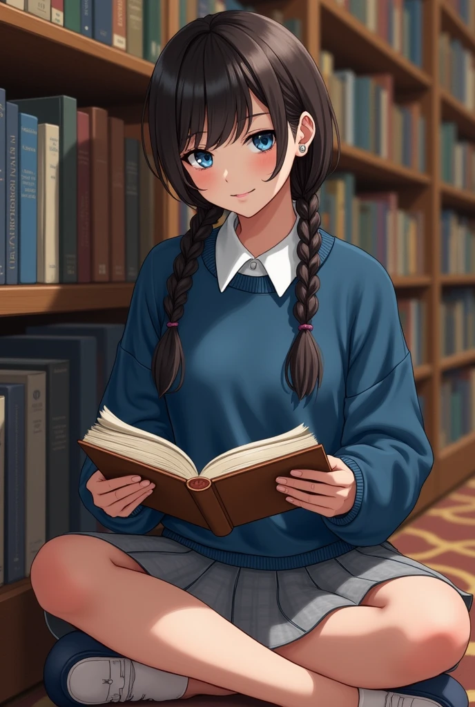 Realistic drawing of a ung woman, extremely beautiful, dark brown hair tied in two braids, very blue eyes, with a blue sweatshirt with a collar and a grey skirt, in a school library, reading a book, sitting on the floor, realistic drawing