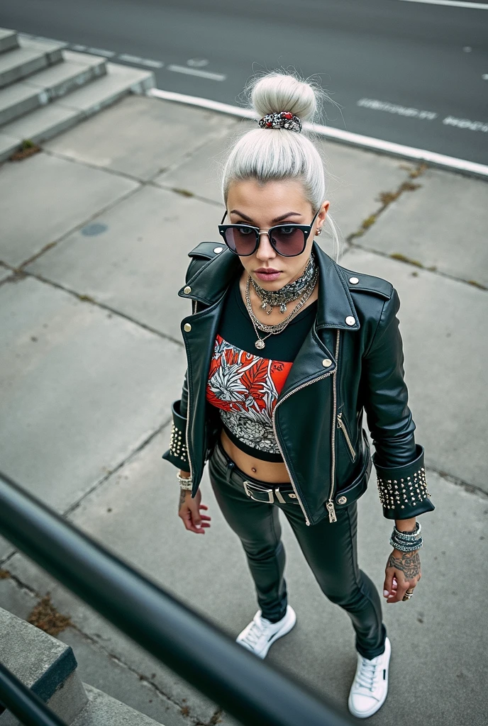 russian milf woman,  grey hair (bouffant, top bun) and oversized square sunglasses and wide  colourful bandana as headband, with very light green eyes, extremely pale. Big lips.  Black lace push up bra, silicone breast,, tight skinny  black low rise leather jeans. Flip flops. Lots of thick wide studded bracelets, chain collars and big rings,. Two loose studded belts,. Long earrings with chains and feathers. Walking, stretching her neck and looking up in surprise, craving., Neck, chest, stomach and wrists heavily tattoed. Toned abdominals, thin neck, slim legs and thin arms. Narrow hips. Full body. Studded black leather tote bag hanging low from her shoulder.  At a long narrow corridor with natural light. Full body