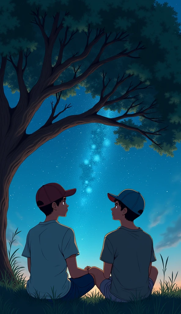 Two young men, one wearing a cap, sitting under a tree watching the night sky