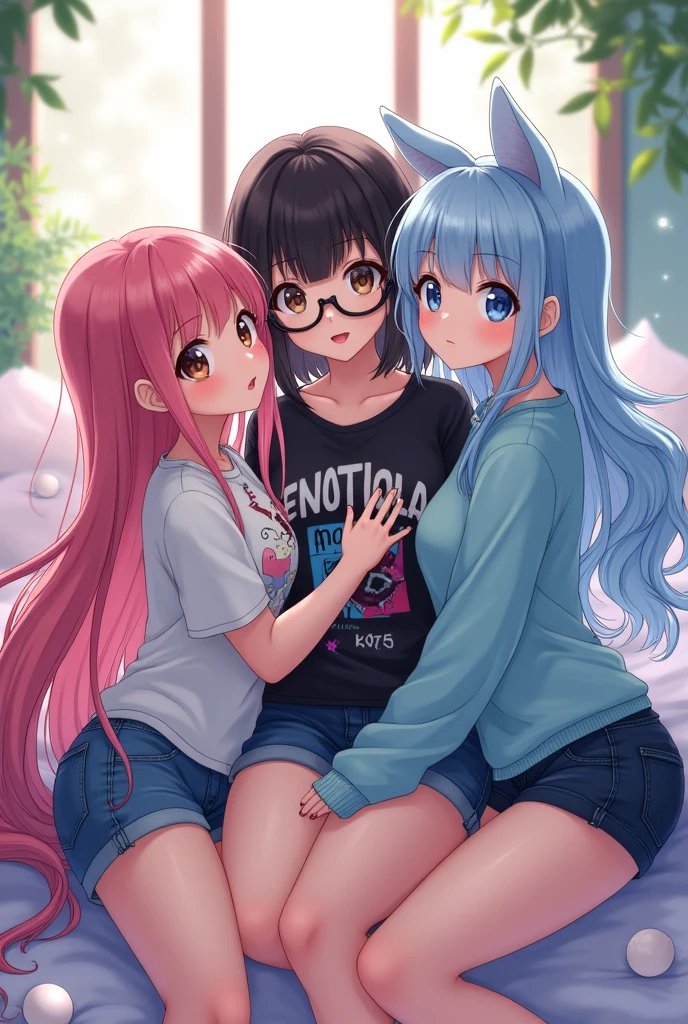 A threesome/ anime there with three girls, one has long pink hair, brown eyes and a among us shirt, the other one has short black hair, eyes black, wears black glasses, e um top preto e short jeans, the other girl has long baby blue hair, blue colored eyes, cat ears and wears a light blue sweatshirt