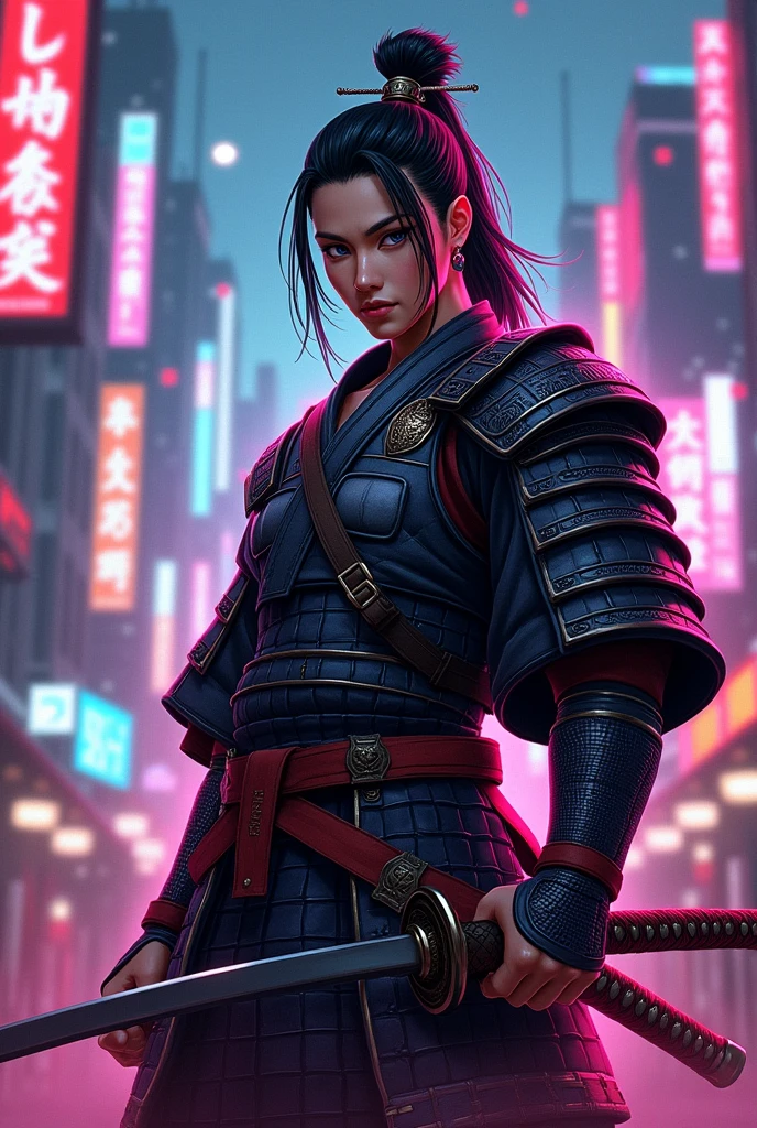 Create a digital illustration of famous character "HANZO HATTORI" from SNK game Samurai Showdown, posing with his amour and Katana, with modern features, “A dynamic urban setting with neon lights and skyscrapers in the background, showcasing a blend of traditional and contemporary elements.”, “Cyberpunk with vibrant colors and sharp contrasts.”