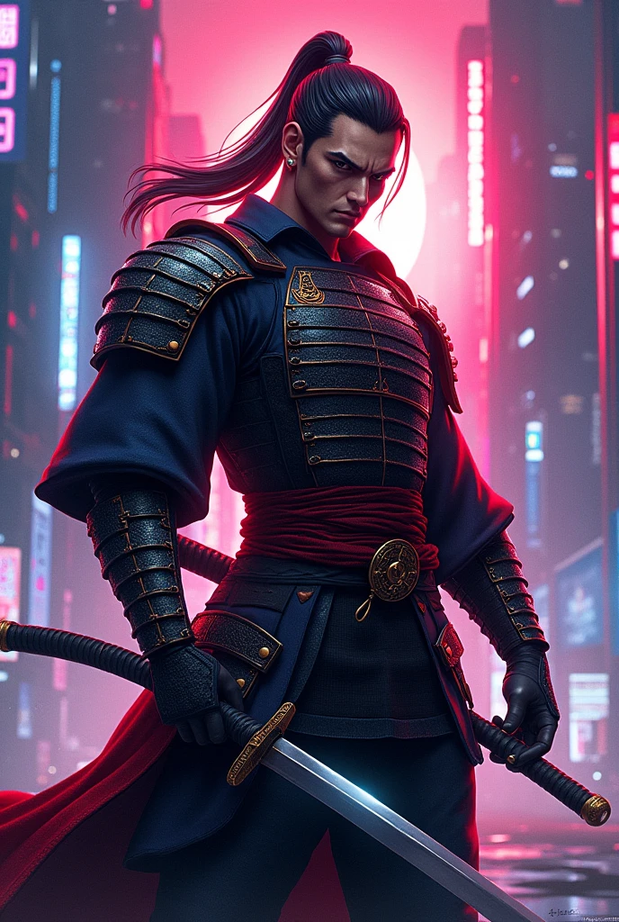 Create a digital illustration of famous character "HANZO HATTORI" from SNK game Samurai Showdown, posing with his amour and Katana, with modern features, “A dynamic urban setting with neon lights and skyscrapers in the background, showcasing a blend of traditional and contemporary elements.”, “Cyberpunk with vibrant colors and sharp contrasts.”