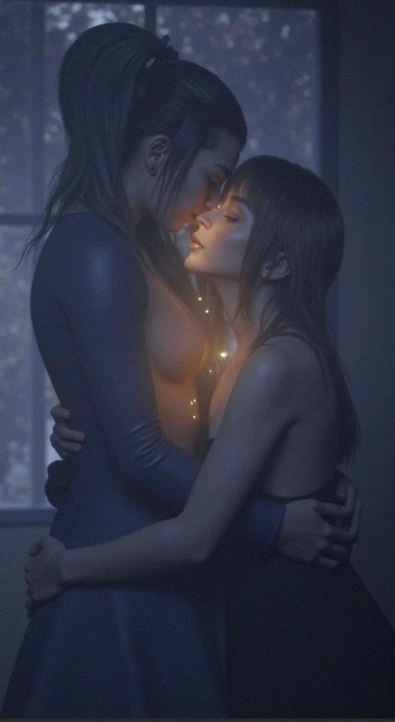 A lesbian couple kissing, one with long straight black hair and the other with neck-length blonde hair, Make it realistic 