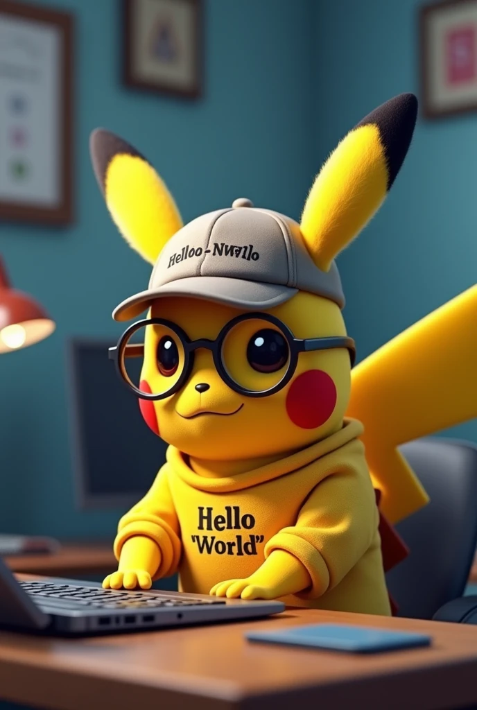 A pikachu programming, with glasses, a cap and a sweatshirt and his sweater with the code for hello world in javascript