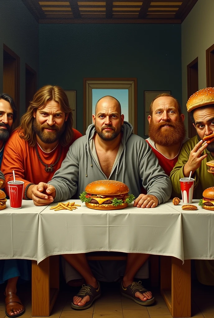 Concept: A reimagining of Da Vinci's "The Last Supper" with the apostles replaced by various fast food mascots, and the table filled with greasy, oversized burgers, fries, and soda. The central figure is an overweight man in casual clothing, looking dazed and overwhelmed.