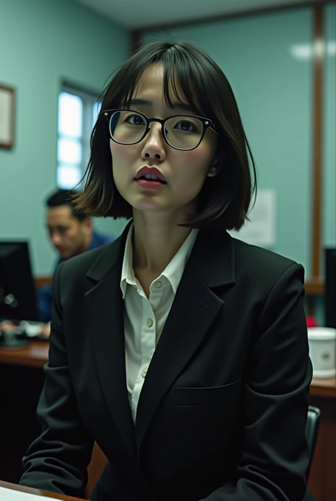 (Realistic) Realistic image (Asian woman), (Slim figure), (short hair), (White skin), (Dark Eyes), wearing (Black suit), sitting in Police Department with a (Serious face), (Wear glasses), capture (Kodak color film style), Featured (Rough texture), Picturesque (Police Department) Under dramatic lighting, Atmospheric, Vibrant colors, Natural light, Emotional atmosphere,No makeup