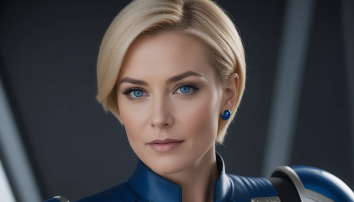 Woman, 40 year old, pretty, blonde, short-hair, sapphire earrings, blue colored eyes, captain of the intergalactic spaceship Valkyrie I, wearing a futuristic captain&#39;s uniform, in the control room, checking navigation instruments.