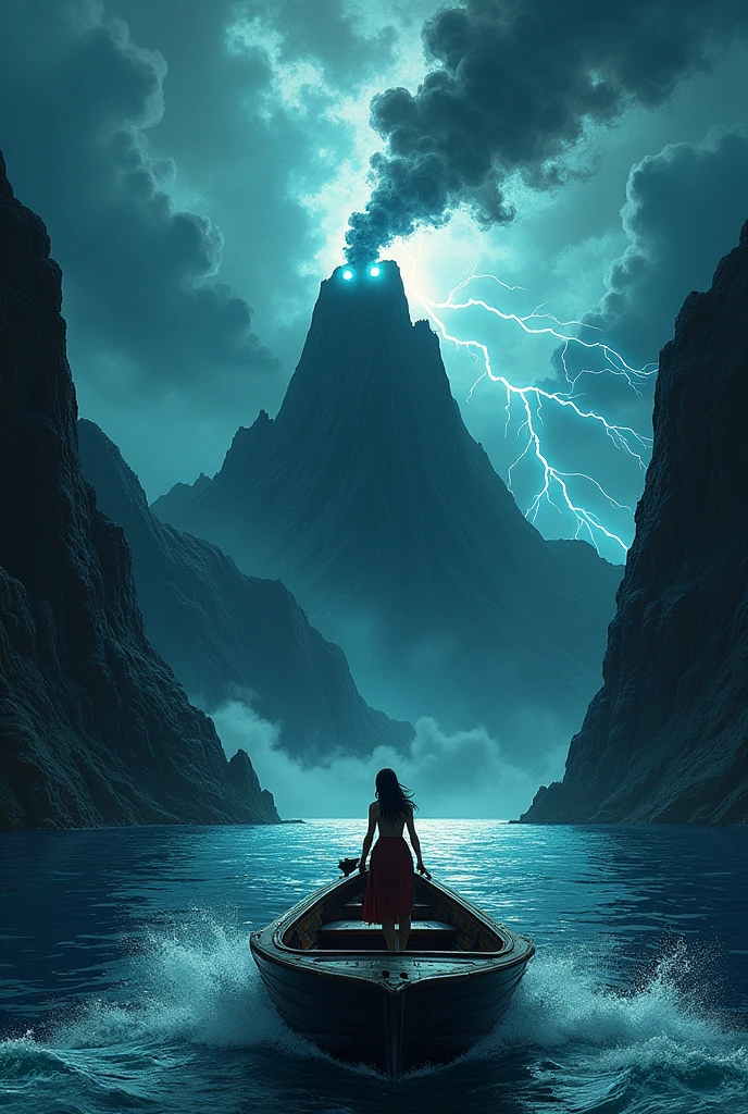 A small boat with a single woman heading towards a dark and desperate island full of storms and lightning., inside this island you can see a giant entity (bigger than mountains) made of dark smoke and glowing eyes, that the image conveys fear and terror, comic book style.