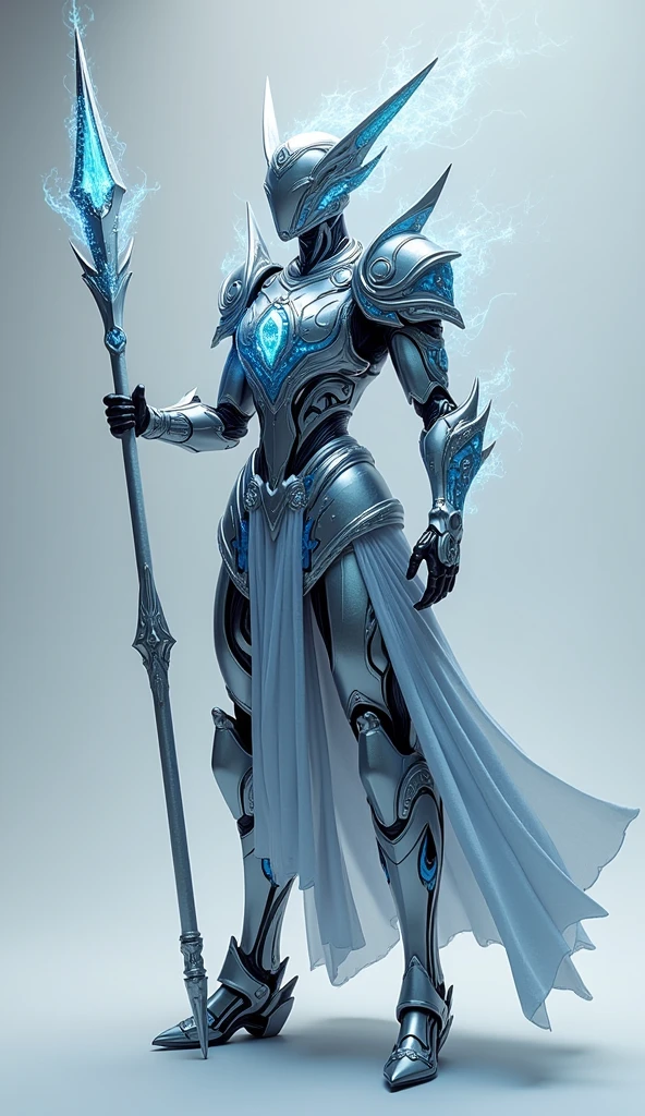 Generate a 4K, hyper-realistic image of a formidable warrior from the Queen's army, standing against a pure light grey background. This warrior wears an intricately designed armor, combining celestial elements with futuristic technology. The armor features glowing blue and silver patterns that pulse with energy, symbolizing their connection to cosmic forces. The warrior's helmet is sleek, with a visor that emits a soft, ethereal glow. They wield a massive, energy-infused spear, held with both hands in a commanding pose. Focus on the intricate details of the armor, the warrior's powerful stance, and the futuristic, cosmic design elements
