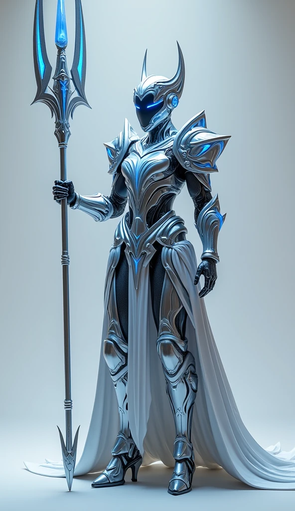 Generate a 4K, hyper-realistic image of a formidable warrior from the Queen's army, standing against a pure light grey background. This warrior wears an intricately designed armor, combining celestial elements with futuristic technology. The armor features glowing blue and silver patterns that pulse with energy, symbolizing their connection to cosmic forces. The warrior's helmet is sleek, with a visor that emits a soft, ethereal glow. They wield a massive, energy-infused spear, held with both hands in a commanding pose. Focus on the intricate details of the armor, the warrior's powerful stance, and the futuristic, cosmic design elements