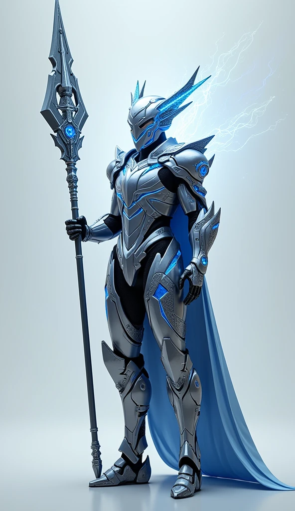 Generate a 4K, hyper-realistic image of a formidable warrior from the Queen's army, standing against a pure light grey background. This warrior wears an intricately designed armor, combining celestial elements with futuristic technology. The armor features glowing blue and silver patterns that pulse with energy, symbolizing their connection to cosmic forces. The warrior's helmet is sleek, with a visor that emits a soft, ethereal glow. They wield a massive, energy-infused spear, held with both hands in a commanding pose. Focus on the intricate details of the armor, the warrior's powerful stance, and the futuristic, cosmic design elements