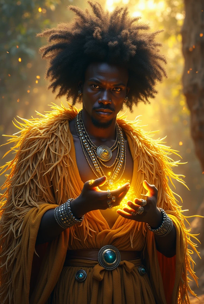 A black-skinned male wizard with a cloak made of corn straw and wearing colorful silver rings and bracelets., Magic emanating from the hands and eyes with a golden yellow glow. Voluminous Straw Clothing, Sorcerer inspired by Omulu.
