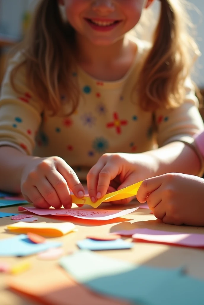 CHILDREN CUTTING PAPER WITH THEIR HANDS