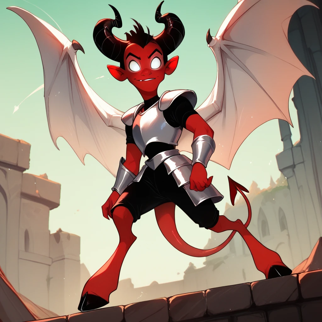 devil, white eyes, red skin, black horns, white wings, red tan and white armor, hoofs, disney style, 