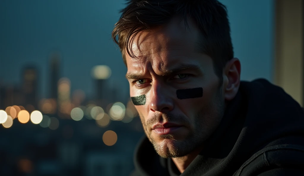 Dark foreground, spotlight focused on Tom Hrady worried face, city windows lit up in background Realistic, Realistic, stunning Realistic photograph, intricate and detailed, Cinematic, color grading, Dark illustration, extreme quality, extremely detailed, ultra detailed face, Ultra HD 8K, dark lightning, concept art, hyper detailed, complex and detailed, triadic colors, fantasy, intricate detail, splash screen, complementary colors, 8k resolution, soft lighting, film photography, film grain, hyper realistic