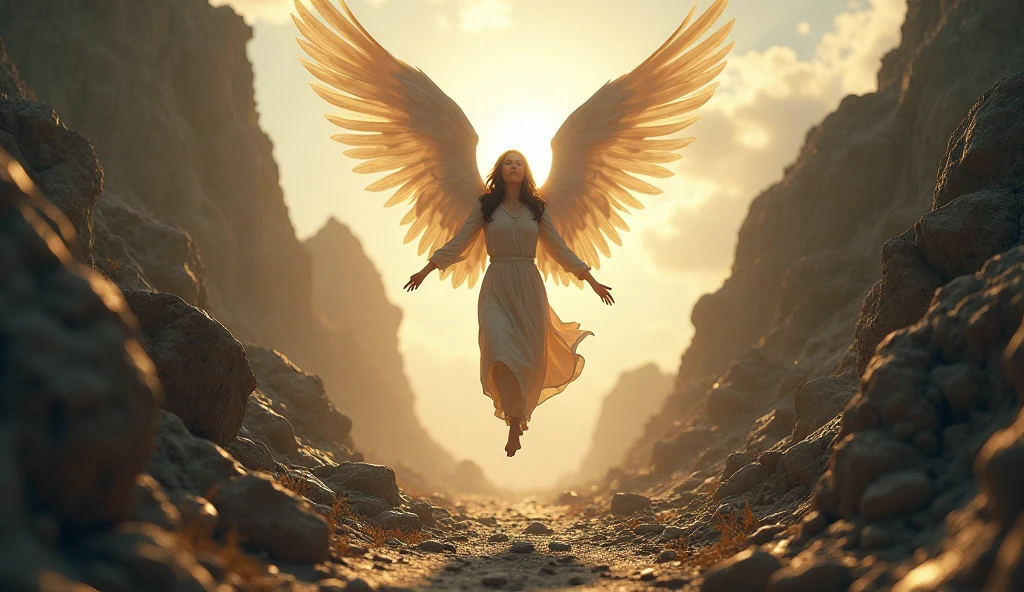 12. "A person being gently lifted by angelic hands above a stony path, avoiding stumbling, simple yet radiant clothing, the setting is a rugged, rocky landscape with a dangerous path ahead, the scene focuses on the safety provided by unseen forces, hyper-realistic, photo realism, cinematography -- ar 16:9"