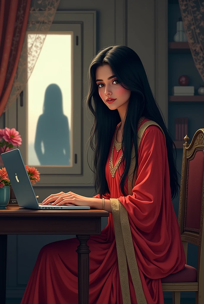 I na beautiful room alone A 2 beautiful pakistani girl in suit salwar with black long and straight hair doing something on her laptop in her room  while behind her at the little window a man 's shadow is present at night. Make it like anime