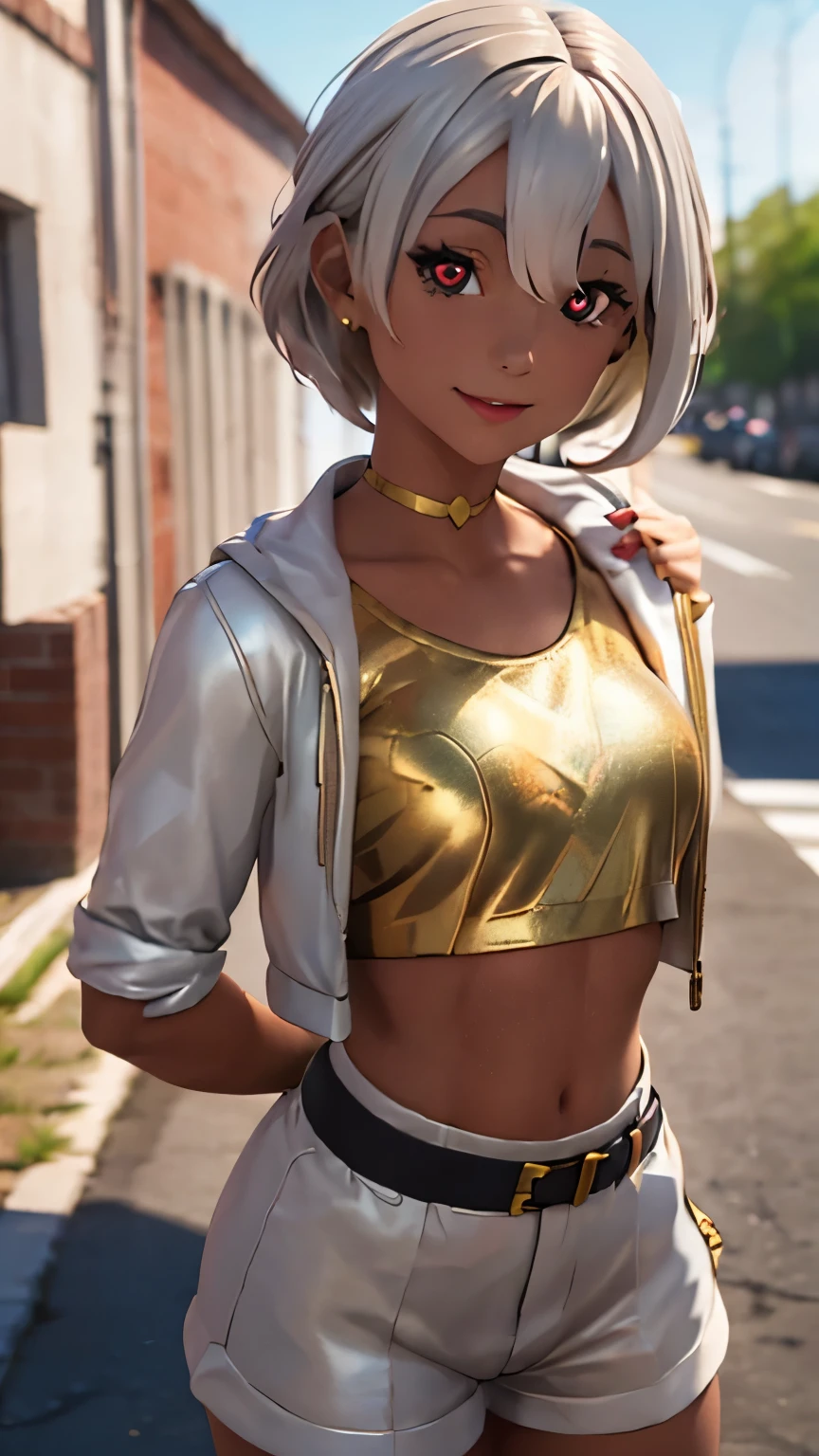 City background, 1girl, solo, AphroditeFN, Aphrodite from fortnite, dark-skinned female,  (crop top, gold top, open clothes), (jacket crop top, white jacket, jacket loose, one short sleeve, one long sleeve), white hair, short hair, lipsticks, smirk, heart, upper body, heart-shaped_pupils, looking at viewer,