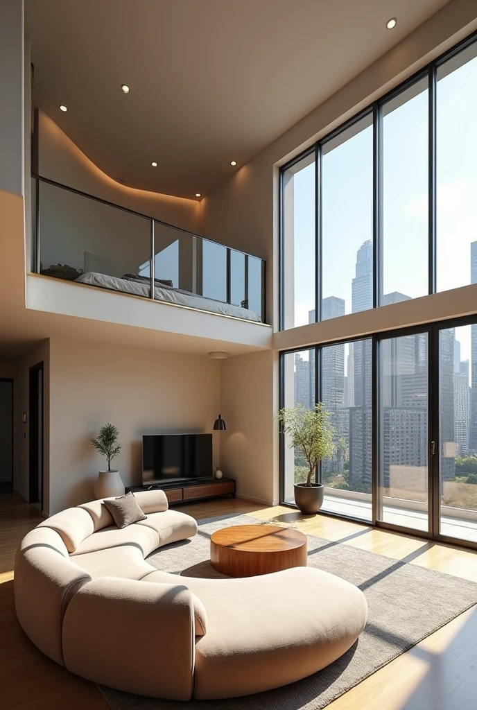 One-room apartment with high two-story ceiling. The living area consists of a large semi-circular soft sofa with a TV in front of it., above the sofa is a bedroom bed.