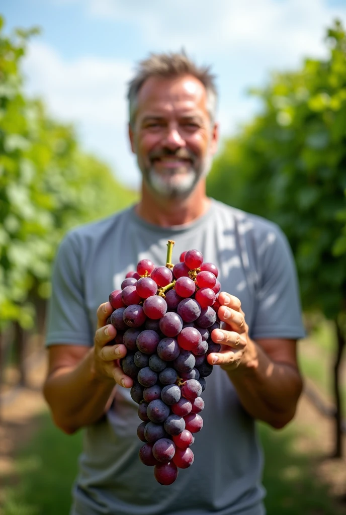 In a photo taken in a vineyard, a middle-aged Polish man stands in the center of the frame, holding a large vertical bunch of grapes. The bunch is very large, twice as large as the average one, and he holds the grapes under with one hand. The man wears a plain gray short-sleeved T-shirt and has a calm expression with a hint of a smile on his face. He raises his right hand to hold the grape stem, and his left hand hangs slightly down to hold the bottom of the bunch. The color of the grapes changes from deep red at the top to deep purple at the bottom, gradually transitioning to lighter tones as they go down. The bunch of grapes looks fresh, plump, and ripe, hanging vertically from the vine. The vineyard extends into the mid-ground, filled with rows of green vines and leaves, creating a natural outdoor environment. The background shows more vines and some trees under a clear, bright sky. The light is natural daylight, providing clear visibility, highlighting the freshness of the grapes and the details of the man's face and clothing. The image has a shallow depth of field, with the main focus on the subject and the grapes, and the background slightly blurred. The overall composition focuses attention on the vivid grapes and the man’s display, creating an authentic and serene atmosphere typical of documentary-style photography.