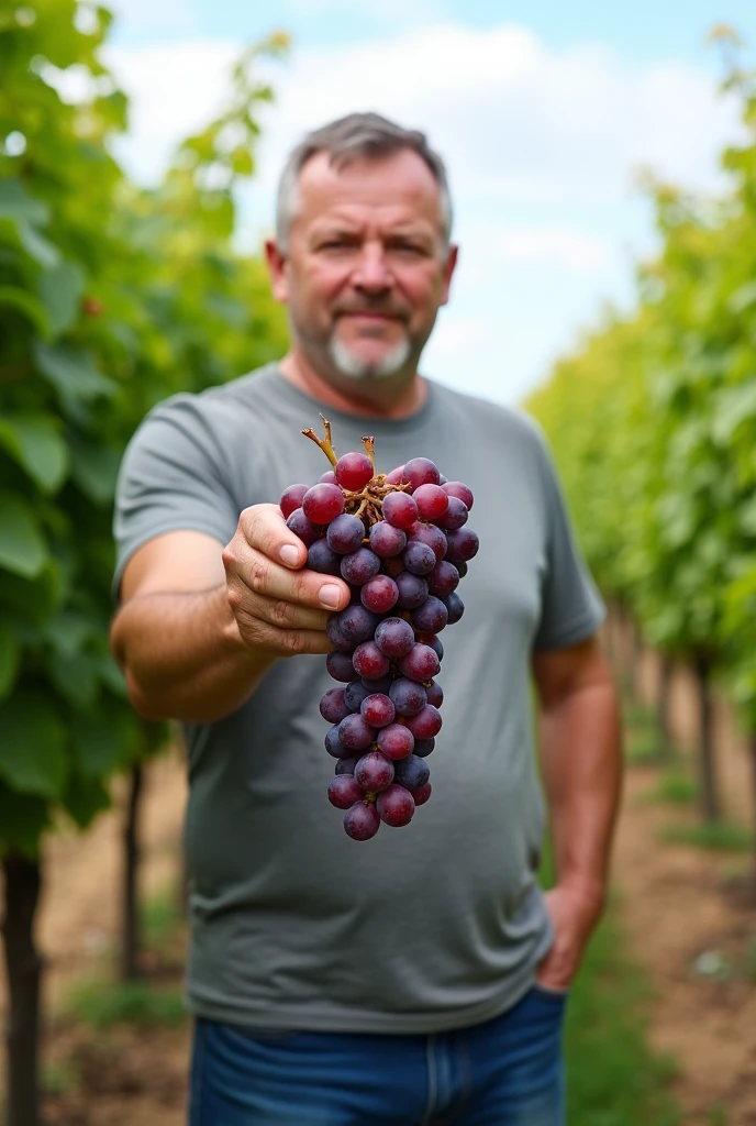 In a photo taken in a vineyard, a middle-aged Polish man stands in the center of the frame, holding a large vertical bunch of grapes. The bunch is very large, twice as large as the average one, and he holds the grapes under with one hand. The man wears a plain gray short-sleeved T-shirt and has a calm expression with a hint of a smile on his face. He raises his right hand to hold the grape stem, and his left hand hangs slightly down to hold the bottom of the bunch. The color of the grapes changes from deep red at the top to deep purple at the bottom, gradually transitioning to lighter tones as they go down. The bunch of grapes looks fresh, plump, and ripe, hanging vertically from the vine. The vineyard extends into the mid-ground, filled with rows of green vines and leaves, creating a natural outdoor environment. The background shows more vines and some trees under a clear, bright sky. The light is natural daylight, providing clear visibility, highlighting the freshness of the grapes and the details of the man's face and clothing. The image has a shallow depth of field, with the main focus on the subject and the grapes, and the background slightly blurred. The overall composition focuses attention on the vivid grapes and the man’s display, creating an authentic and serene atmosphere typical of documentary-style photography.