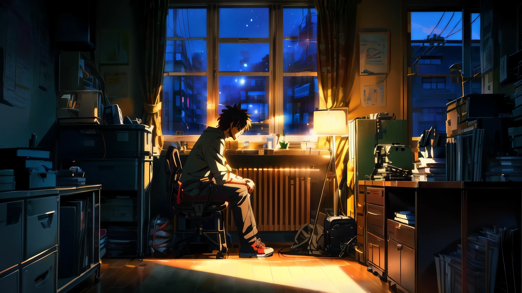 anime scene of a guy sitting at a chair in a room, makoto shinkai. digital render, makoto shinkai cyril rolando, makoto shinkai art style, ( ( makoto shinkai ) ), style of makoto shinkai, studio glibly makoto shinkai, lofi artstyle, makoto shinkai!!, makoto shinkai!