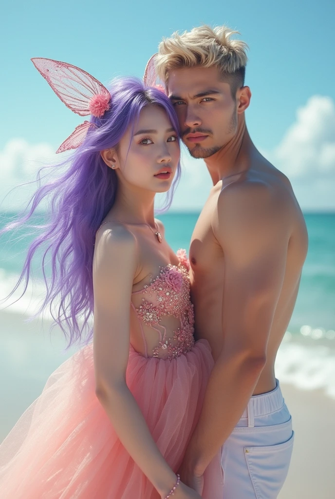 Mulher borboleta de cabelo roxo coreana com fone de ouvido  e roupa 👗Transparent Shiny Rose e de mãos dadas com homem loiro lindo branco e bonito em praia melhor a foto pelo amor de Deus