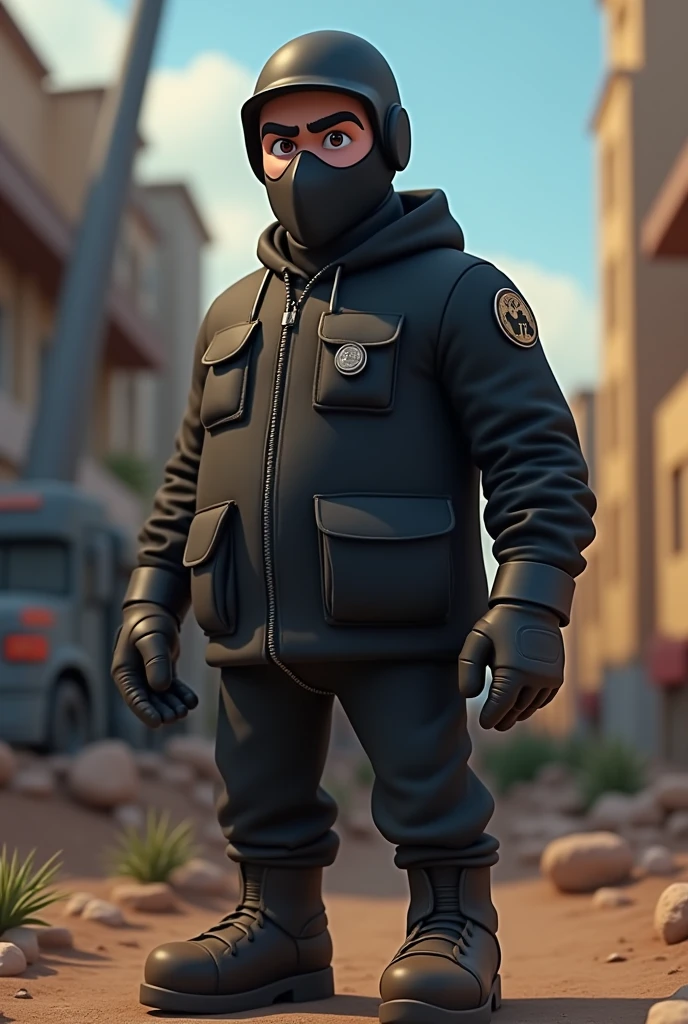 An animated black driller guy with a mask looking to make money 