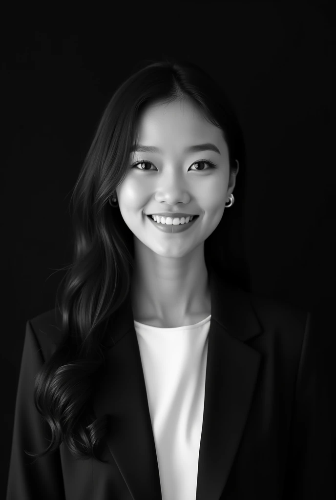 A professional black-and-white portrait of a young Asian woman with long, dark hair. She has a warm smile, wearing a dark blazer over a white shirt, with minimalistic jewelry like a small hoop earring. The background is solid black, highlighting her features and creating a sleek, modern look. The lighting is soft and evenly distributed, emphasizing her confident and approachable expression.