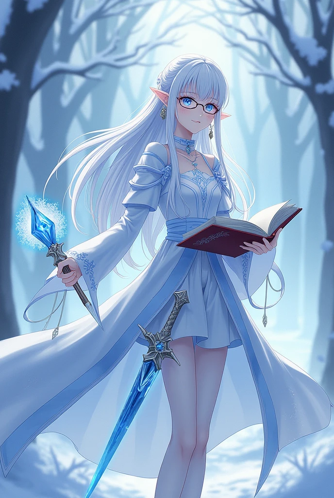 Create an pallid elf woman named Weiss Winterfall. She is a 1 girl with long white hair, snow-pale skin, icy blue eyes, and glasses. She is also a Chronurgy wizard who wields a crystal dagger on her side. She also has an open spellbook in her right hand and a crystal blue wand in her left. Weiss also lives in a country full of snow and ice. Also have her elf ears smaller. Draw her in the Yamada and the seven witches anime style.which os in snow and man wiyth same magic feauters amd there fighti