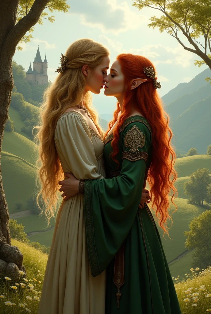 It shows Lady Galadriel as a young woman from the Rings of Power series and Tauriel from the movies.. The hobbit as a couple kissing from the front in a realistic medieval landscape 