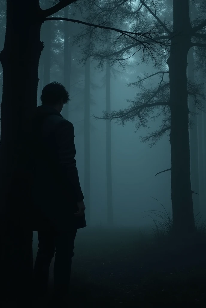 dark photography, darkly, male silhouette watching you behind a tree in dense foggy forest