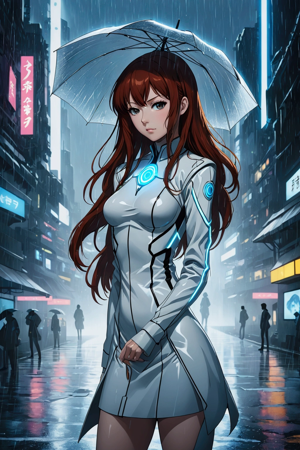 makise kurisu from steins gate anime in Tron movie style,rainy background ,tight dress