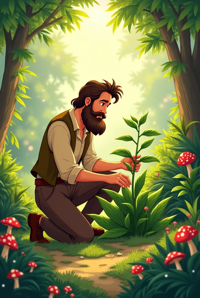 Disney style drawing of bearded man tending to plant