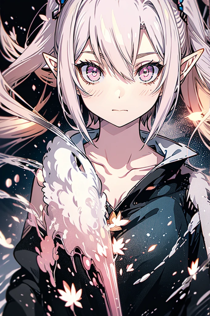 Anime elf girl. White hari, pink eyes, full hd, high quality, best quality, perfect body, 