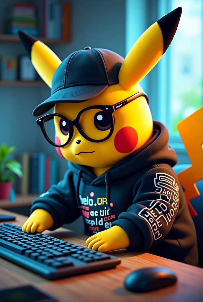 A pikachu programming, with glasses, a cap and a black sweatshirt and his sweater with the code for hello world in javascript