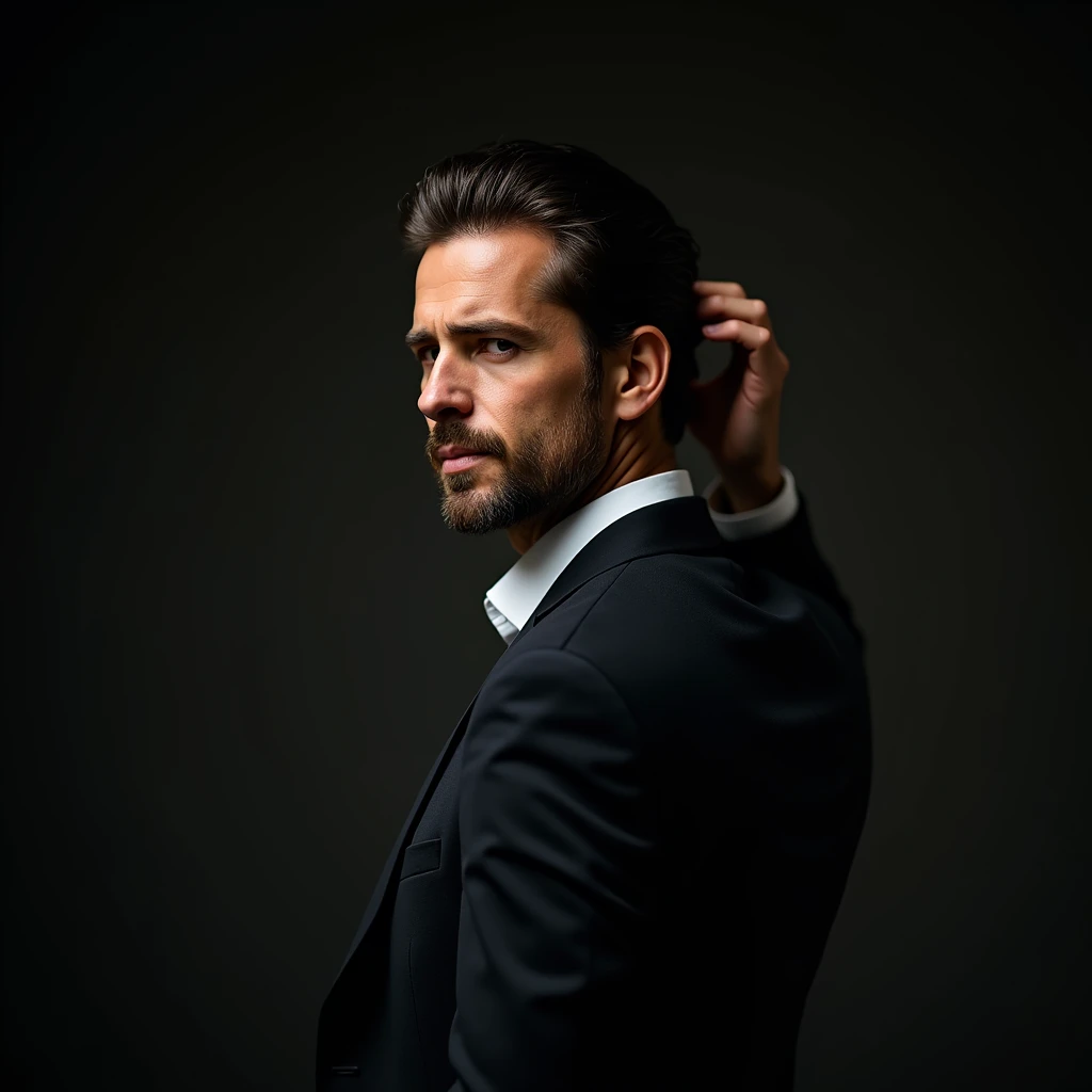 Photography studio, natural lights on the subject, dark background, blurred background, portrait of man in suit looking over his shoulder, rear shot , combing her hair slick back hair, subtle beard , elegance, professional pose,
