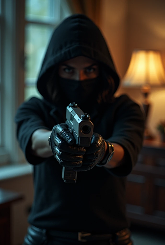 Scarlett Johnson qui porte cagoule et qui porte des gants avec un pistolet et quei fait un braquage dans une chambre elle ressemble les objets de valeur une femme qeul tue