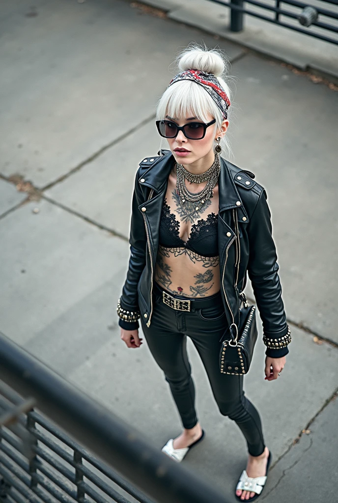russian milf woman, grey hair (bouffant, top bun) and oversized square sunglasses and wide colourful bandana as headband, with very light green eyes, extremely pale. Big lips. Black lace push up bra, silicone breast,, tight skinny black low rise leather jeans. Flip flops. Lots of thick wide studded bracelets, chain collars and big rings,. Two loose studded belts,. Long earrings with chains and feathers. Walking, stretching her neck and looking up in surprise, craving., Neck, chest, stomach and wrists heavily tattoed. Toned abdominals, thin neck, slim legs and thin arms. Narrow hips. Full body. Studded black leather tote bag hanging low from her shoulder. At a long narrow corridor with natural light. Full body