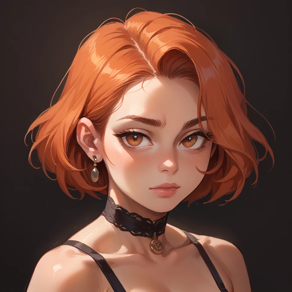 A girl, ginger with short hair (one purple lock of hair), who wear black baggy clothes and have a lip ring piercing. She have a kinda dark make up.