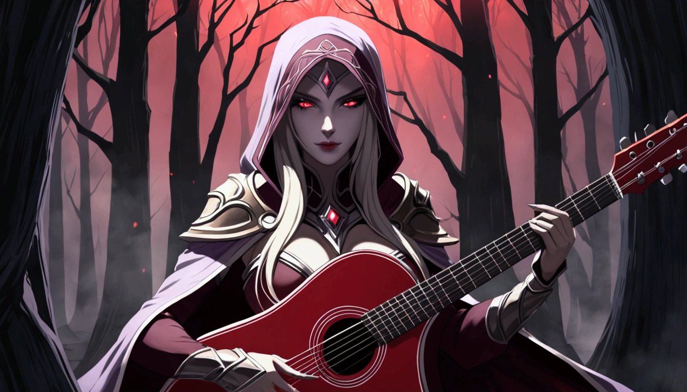 Sylvanas Windrunner, the legendary leader of the Forsaken, sits on a dark wooden throne, surrounded by an aura of mystery and magic. In her hands, she holds a vibrant red guitar, its strings seemingly pulsing with unearthly energy. Her eyes, burning with an otherworldly intensity, stare directly at the viewer, as if daring them to come closer. Her long, white hair falls over her shoulders, framing her pale, ethereal face. Her lips, painted a deep red, curve in an enigmatic smile, as if guarding secrets known only to her. The guitar, which appears to have been created by magical hands, emits an intense red light that illuminates the environment around it. The strings vibrate with an energy that seems almost palpable, as if they are alive and responding to Sylvanas’ touch. In the background, a dark and mysterious mist spreads, as if the night itself is closing in around Sylvanas. The atmosphere is charged with tension and anticipation, as if something is about to happen. The image is a mix of shadows and light, of mystery and magic, capturing the essence of Sylvanas Windrunner as an enigmatic and powerful creature.