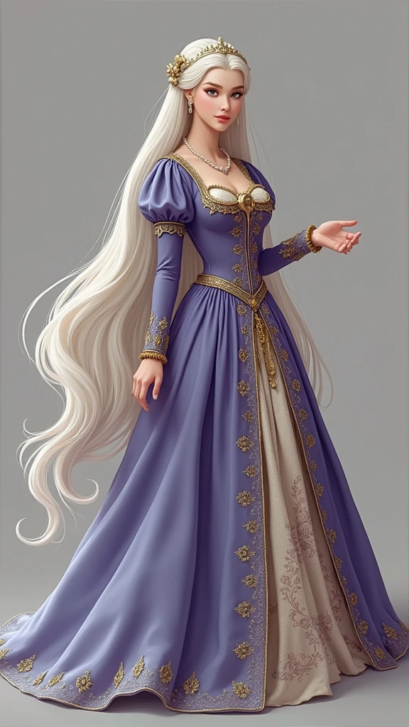 women, elegant, calm medieval princess dress, beautiful, cabello largo blanco y elegant, white eyebrows, Golden eyes, european face, detailed dress, medieval times, Royals, portrait, (Best Quality), (masterpiece), (Very detailed), (4k)
