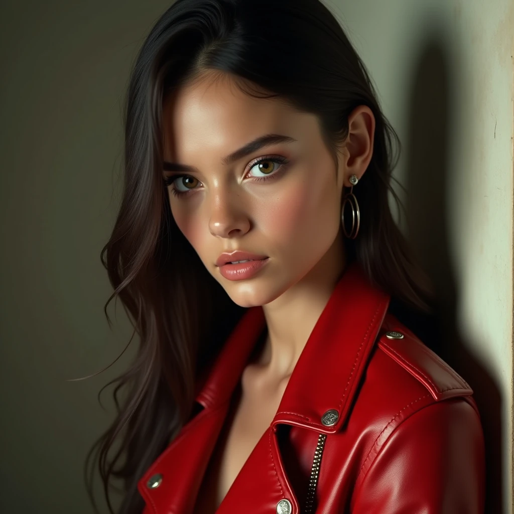 A hyper-realistic three-quarter view in 8K of a beautiful green-eyed woman with long hair, which are shaved on the side, the hair does not cover the face, deep porcelain skin. Looking straight ahead, She wears a red leather jacket. Soft lighting. Few details,