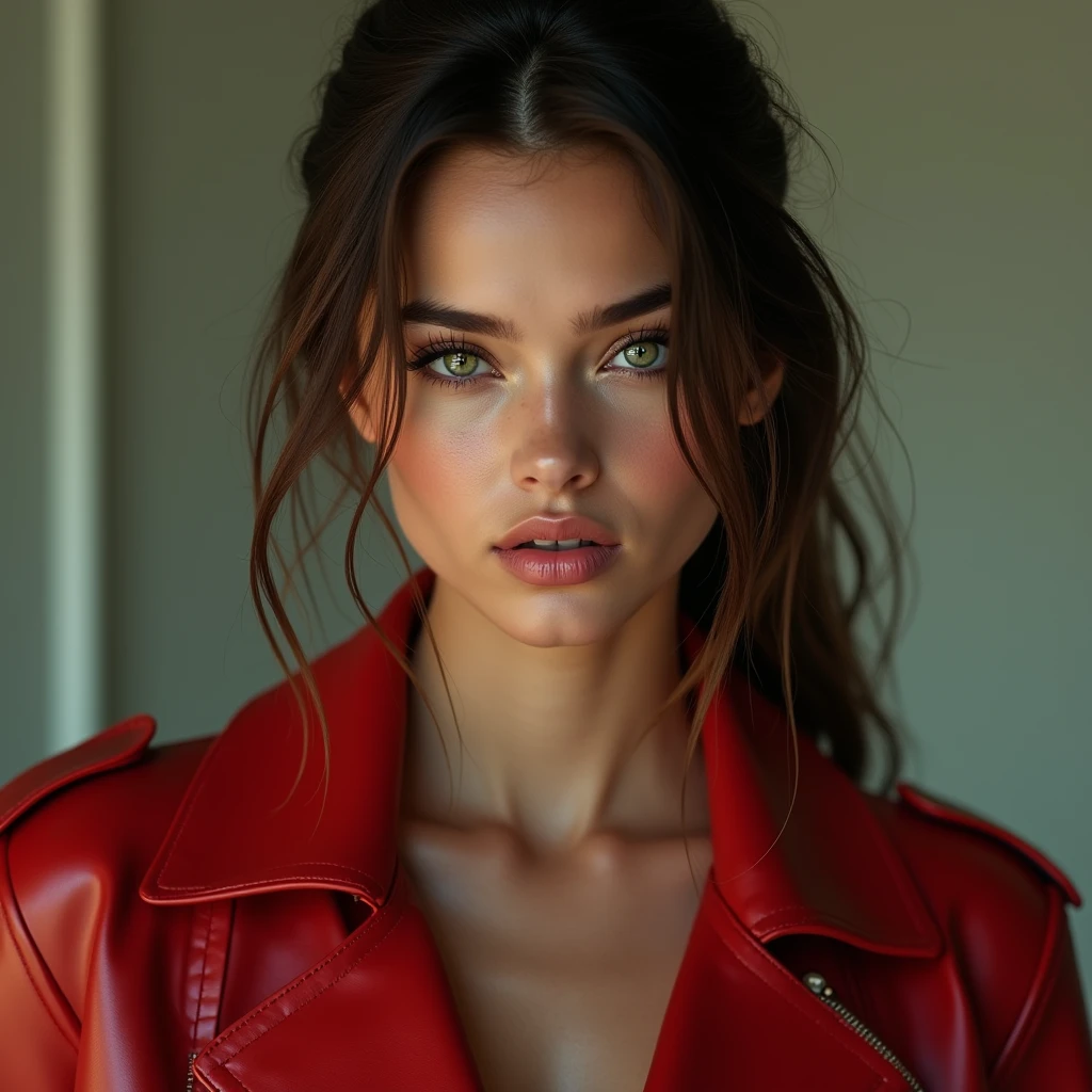 A hyper-realistic three-quarter view in 8K of a beautiful green-eyed woman with long hair, which are shaved on the side, the hair does not cover the face, deep porcelain skin. Looking straight ahead, She wears a red leather jacket. Soft lighting. Few details,