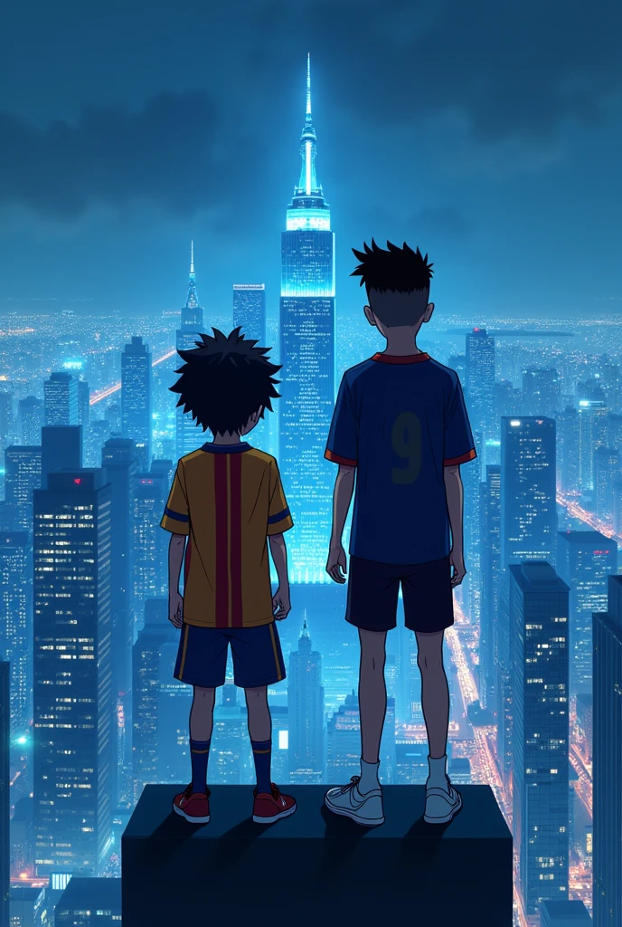 Two boys are on a skyscraper.one boy has black curls and a Real jersey. The other boy has black boxer cut hairstyle.In the background is a city with blue lights. Anime style