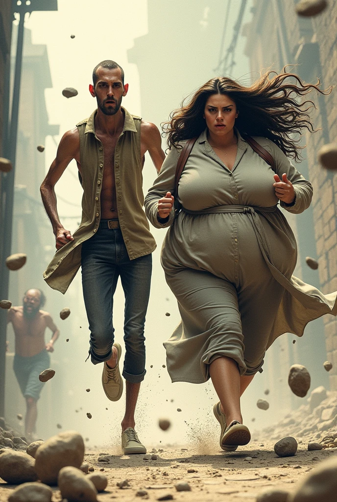 A tall, thin man and a fat, long-haired woman, running away from a box of inxús after being thrown stones.