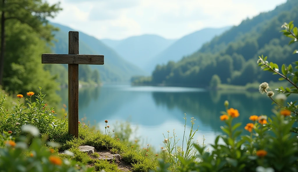 make image of plant geography romania mainly capital area, in the summer, with an idea of faith, add a wooden cross to all images, high environments with a beautiful lake.