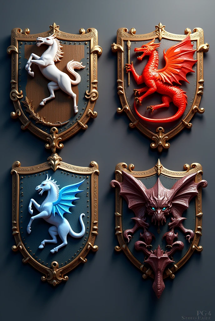 {
"prompt": "A detailed 3D rendering of four distinct heraldic crests representing different guilds in an RPG setting. Each crest is highly stylized and features the following: a wild horse for the Guild of Freedom, a knight with glowing magic for the Guild of Justice, a red dragon for the Guild of Villainy, and a monstrous creature for the Guild of Cruelty. The crests should be arranged in a square formation, with each one showcasing rich textures, metallic elements, and vibrant colors, reflecting a fantasy RPG aesthetic."
}