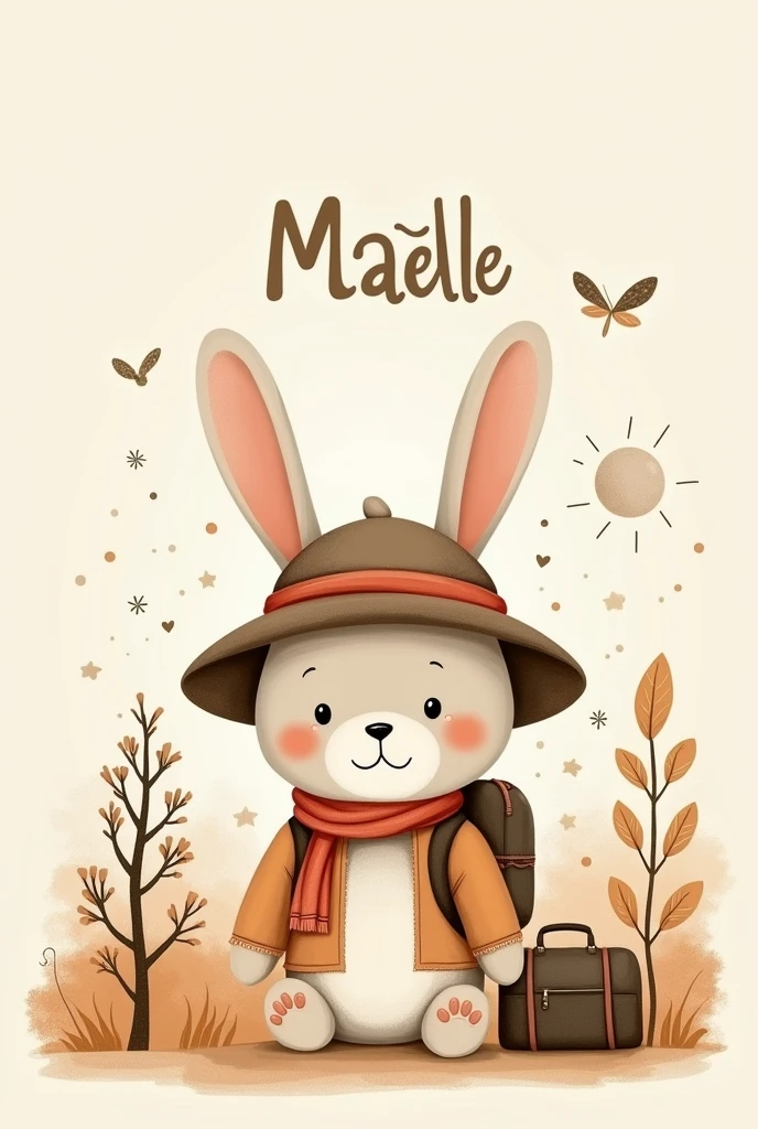 Un dessin pour décorer une chambre bébé avec l’inscription Maëlle
Thème animaux, voyage , marron, beige