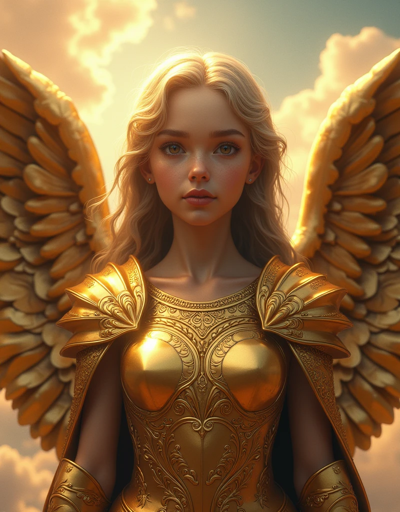 large angel face, with golden armor biblical story, 4k, realistic and detailed image,